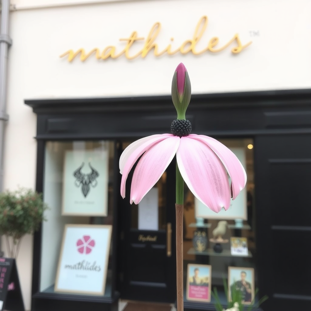 Main logo studio: Mathildes shop smykker + mere. One line flower in a cirkle its Pink Black and Gold