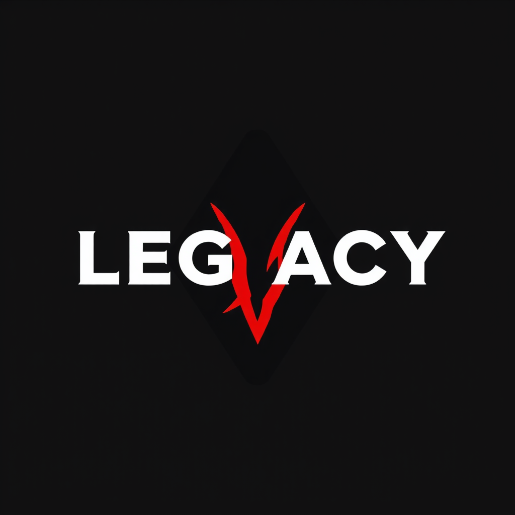 Main logo studio: Diseña un emblema minimalista para una marca de ropa negra llamada LEGACY. Crea una forma geométrica sólida y aparentemente perfecta, atravesada por u
