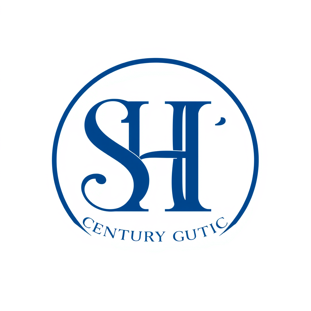 Monogram Logo idea: monogram logo combining the letters SH grigio blu century gotic , elegant intertwined letterforms, flat vector logo, centered, solid white background,