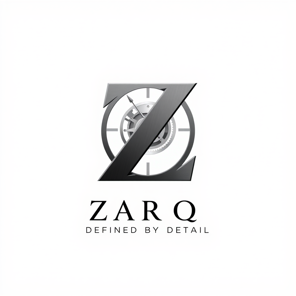 Main logo studio: Luxury luxury fashion monogram logo featuring the letter "Z" seamlessly blended with a subtle watch gear mechanism and thread needle, ultra-clean vect