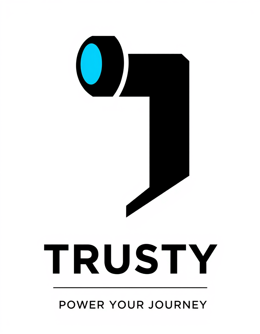 Main logo studio: Create a premium, minimal logo for TRUSTY, a car charger company. Use a unique abstract lettermark based on T, subtly representing power, speed and re