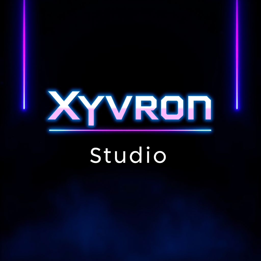 Main logo studio: Create a futuristic Roblox game development studio logo for “Xyvron Studio”. Use a dark cosmic background with subtle stars, blue and purple neon ligh