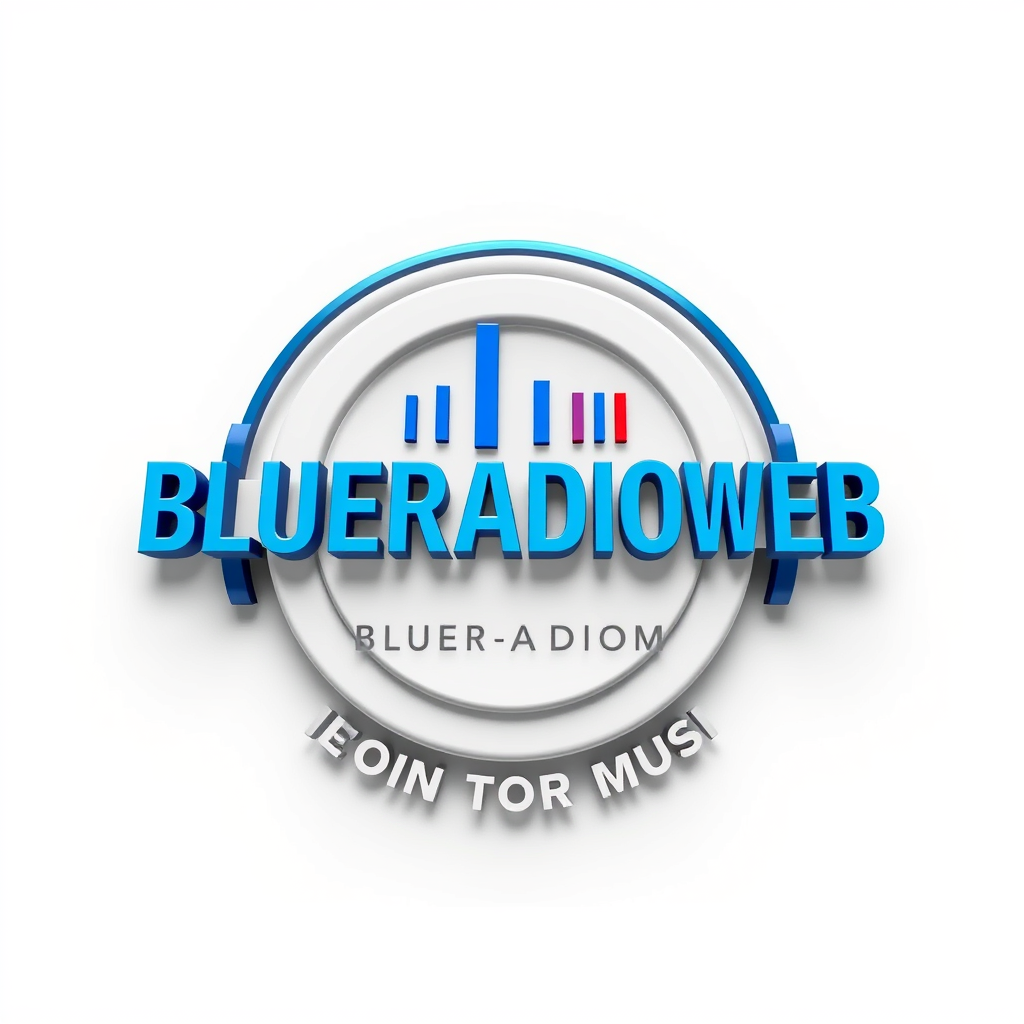 3D Logo idea: 3D logo for BLUERADIOWEB LISTEN TO YOUR MUSIC a music tech brand, sound white blue red , three-dimensional render, realistic depth and shadows, glossy