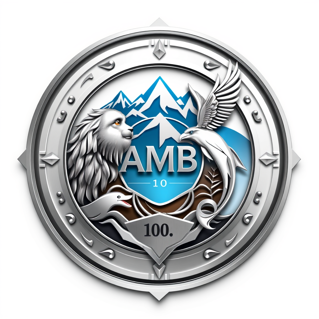 Main logo studio: Luxury futuristic heraldic emblem. Write EXACTLY "Amir Mohamad Bromand", "AMB" and "10". Create a realistic, sophisticated and powerful symbol: circul