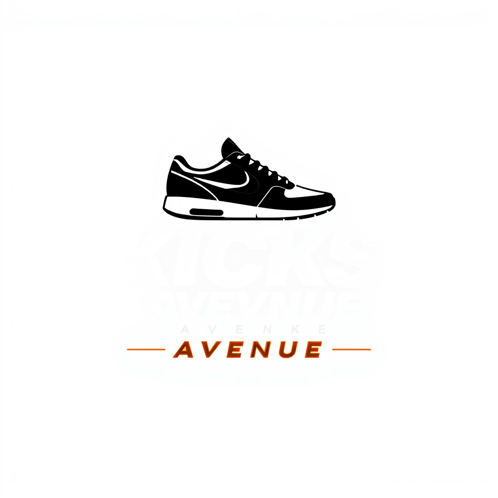 Main logo studio: Design a modern, minimalist logo for a sneaker retail brand called "Kicks Avenue". The logo should include a stylized sneaker silhouette combined with