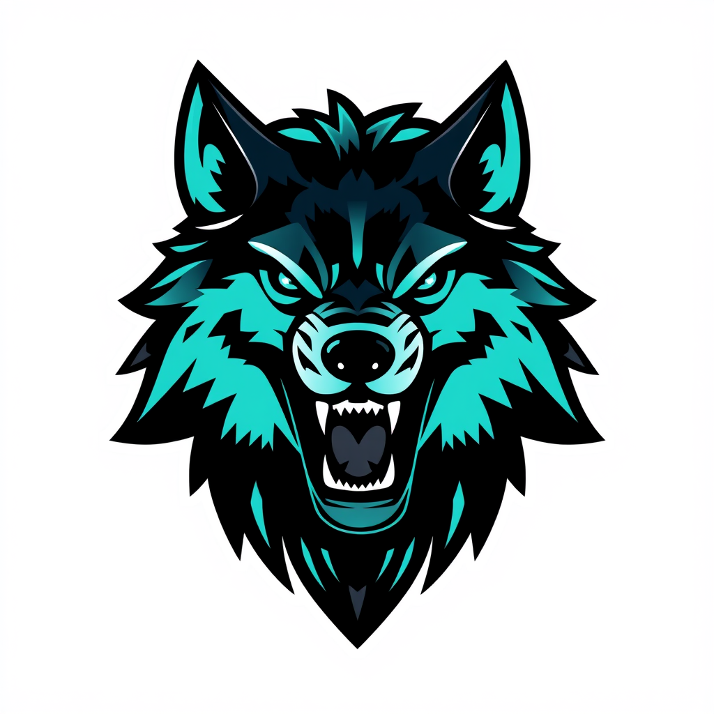 Main logo studio: bold esports team emblem logo, a roaring wolf head, black and neon teal