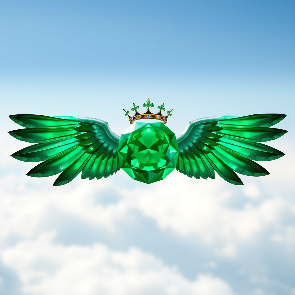 Main logo studio: an emerald in cnetre, to eits either sides wings, and abive teh emrald a crown, for an airline named EMERALD WINGS