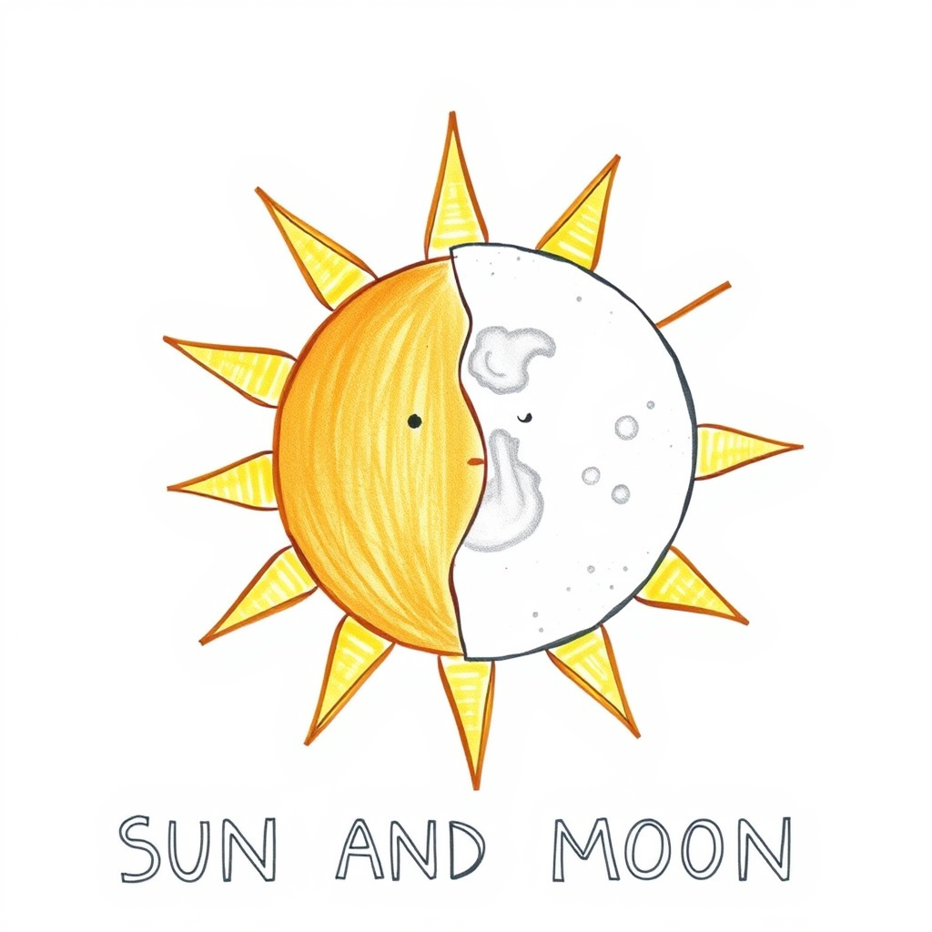 Main logo studio: make it like a kid has drawn a sun and a moon magazine colage style that looks not ai and has the words 'SUN AND MOON'