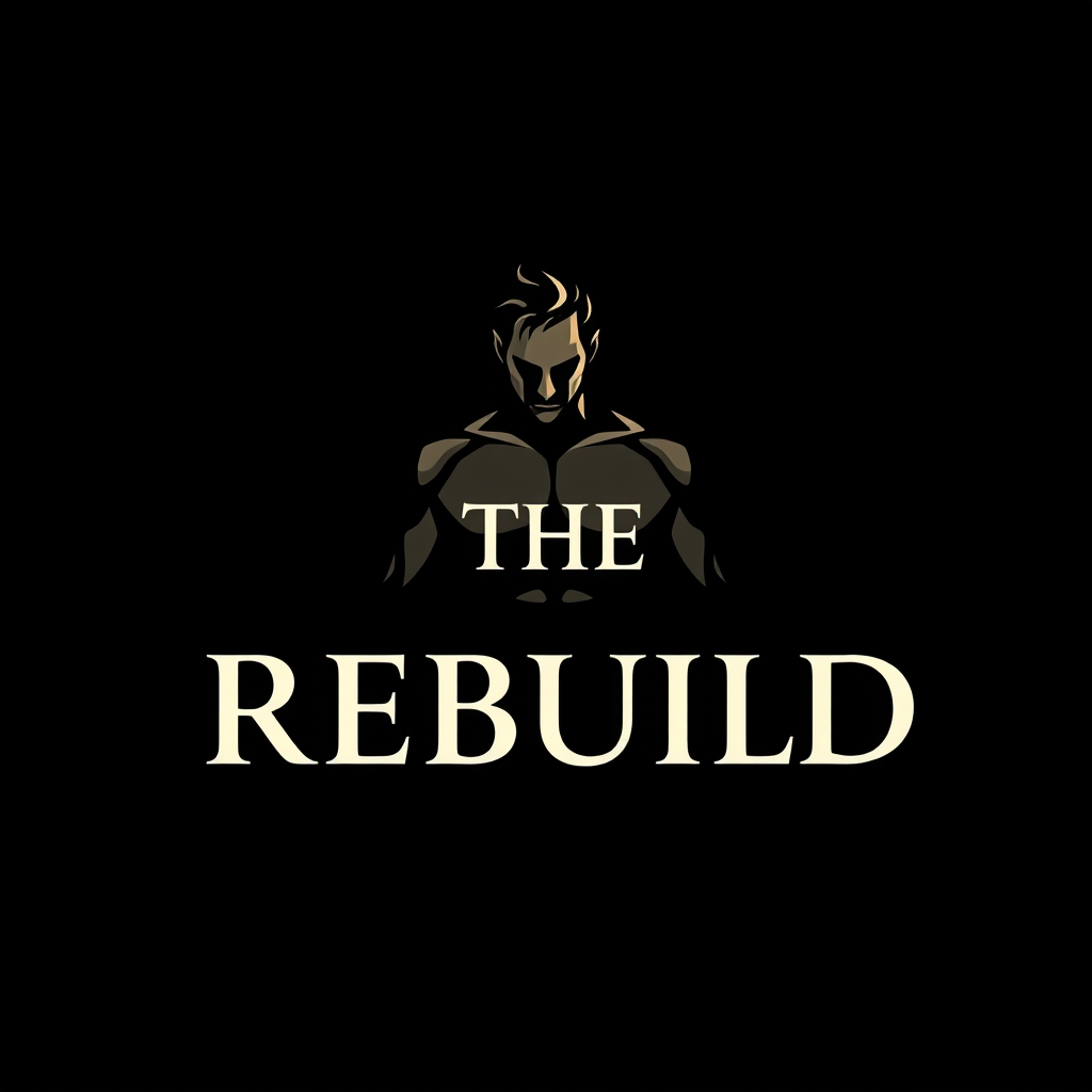 Main logo studio: Iconic luxury logo for THE REBUILD. One broken, battle-worn human figure gradually emerging into a stronger, refined version of himself — symbolizing 