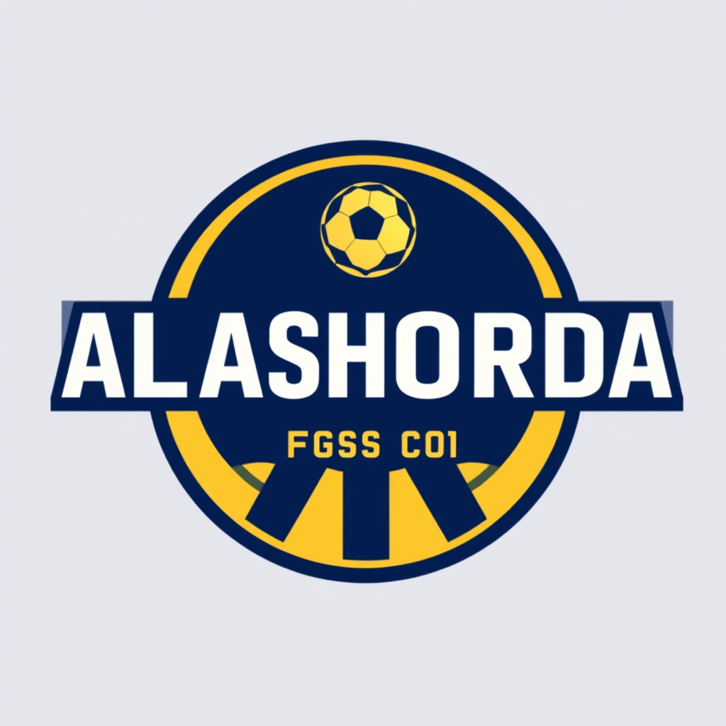 Main logo studio: FC ALASHORDA modern football club logo. Perfectly round badge, very clean and simple. Large bold "ALASHORDA" in the center, small "FC" above it. Minim