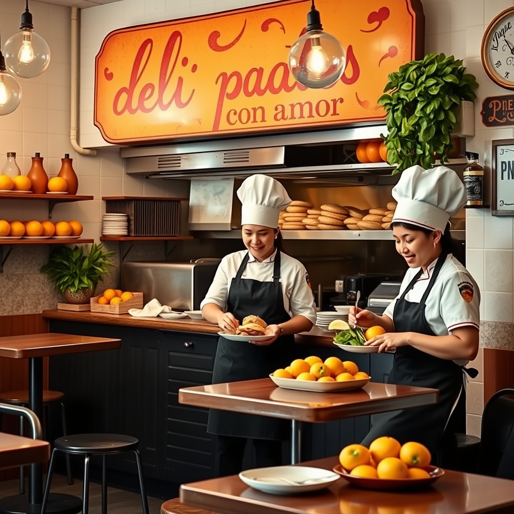 Main logo studio: Deli papas, eslogan "al horno, con amor", restaurante familiar, 3 chefs mujeres, colores naranjas, café claro y verde hoja