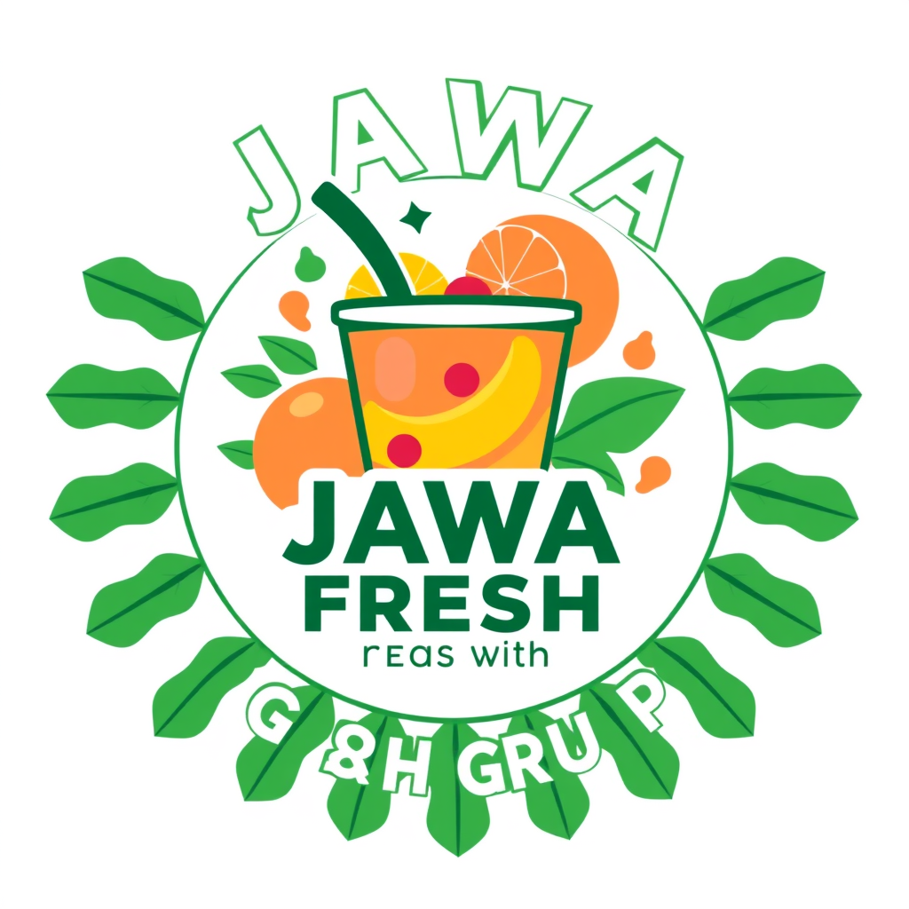 Main logo studio: Jawa Fresh Group, modern Indonesian beverage brand logo. Create a bold fresh emblem featuring a stylized colorful drink cup surrounded by simple tropi
