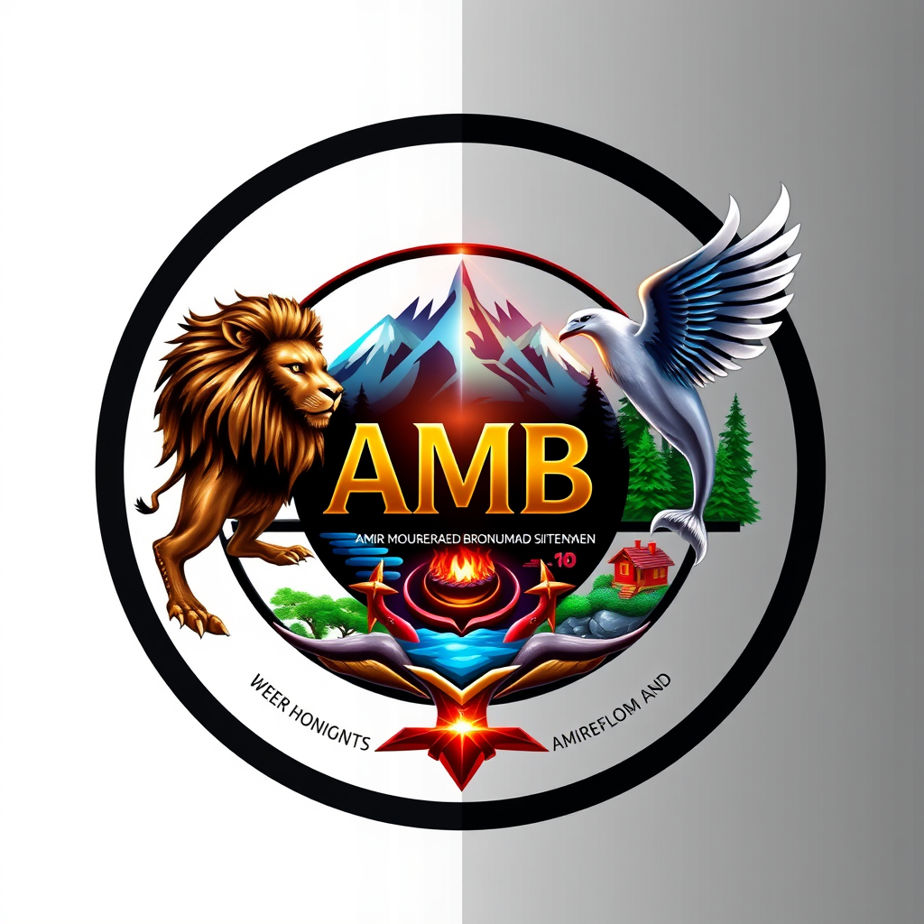 Main logo studio: Create a new version of the previous logo with the same elements. Write "Amir Mohamad Bromand", "AMB", one separate "10" and one separate "100". Inclu