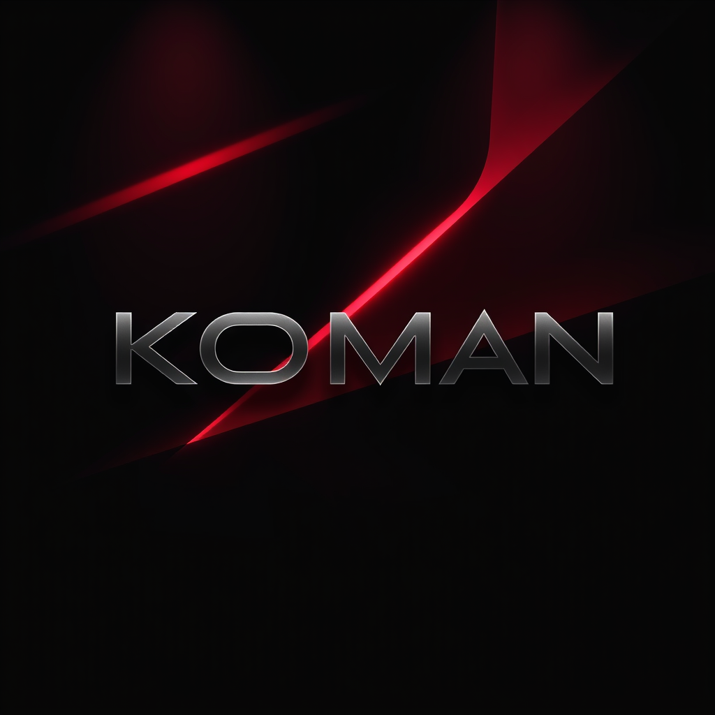 Main logo studio: Design a high-end cinematic Kick banner for streamer “KOMAN”. Dark luxury aesthetic, deep black and graphite background, subtle crimson accents, drama