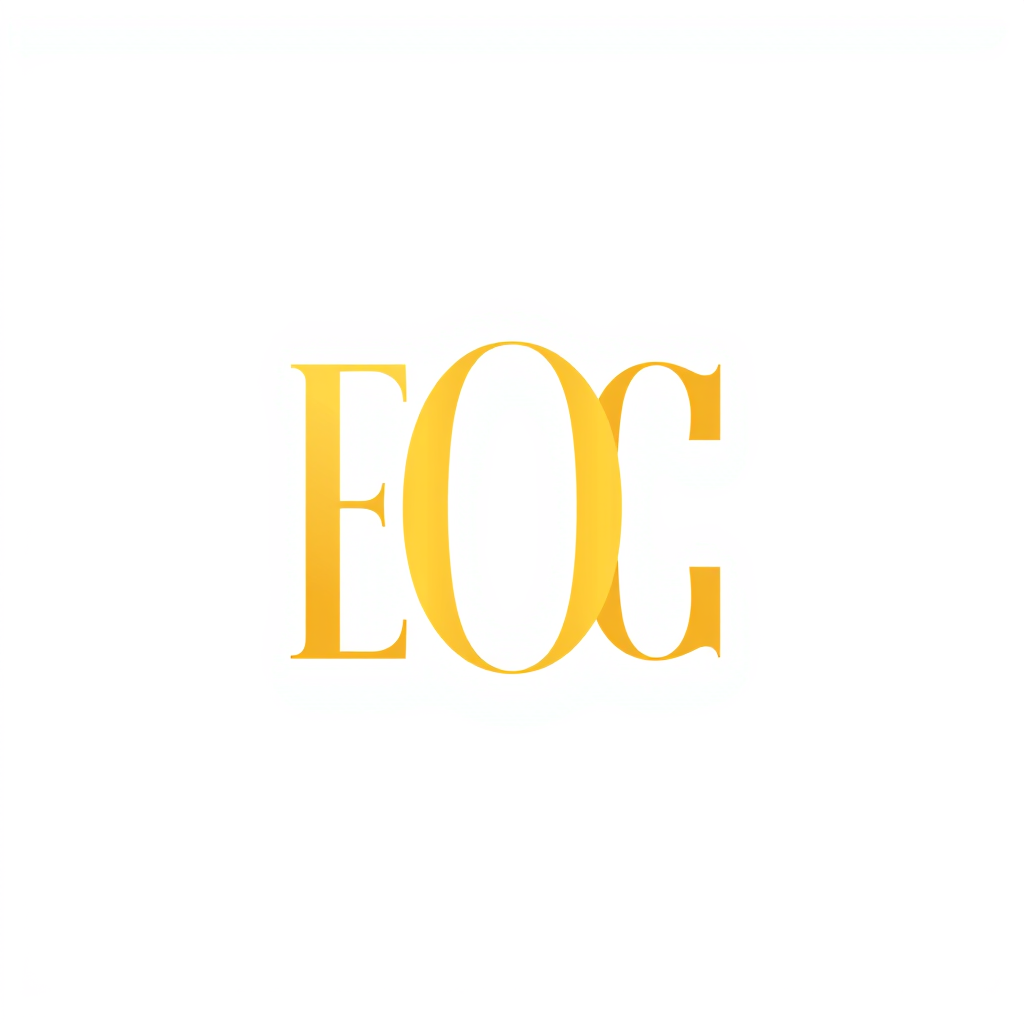 Wordmark Logo idea: wordmark logo of elegant monogram logo combining letters E, O, and C, gold, luxury brand , bold clean typography, flat vector logo, centered, solid wh