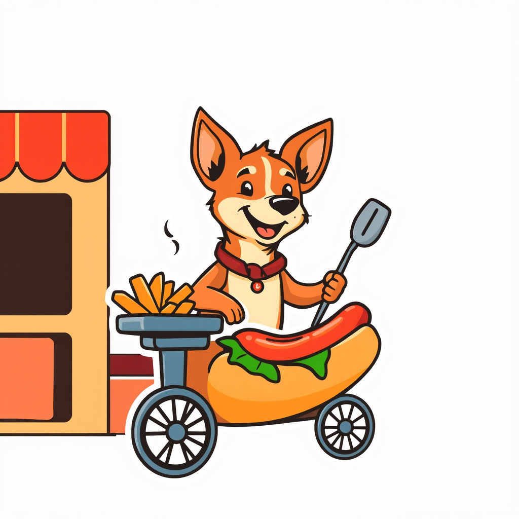Main logo studio: mi marca se llama perritos vendo hotdogs quiero en mi logo un perro xoloeitzcuintle con todos los utencilios de cocina y con su carrito de hot dogs co