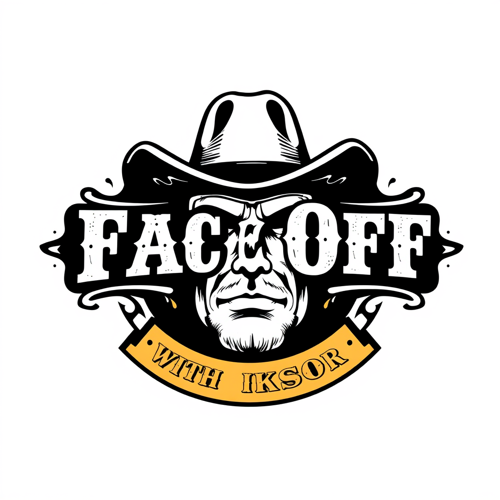 Vintage Logo idea: vintage retro logo for "Face Off with Iksor" With hollywood western style. For a vintage comic book. Without any face , classic retro design, aged typ
