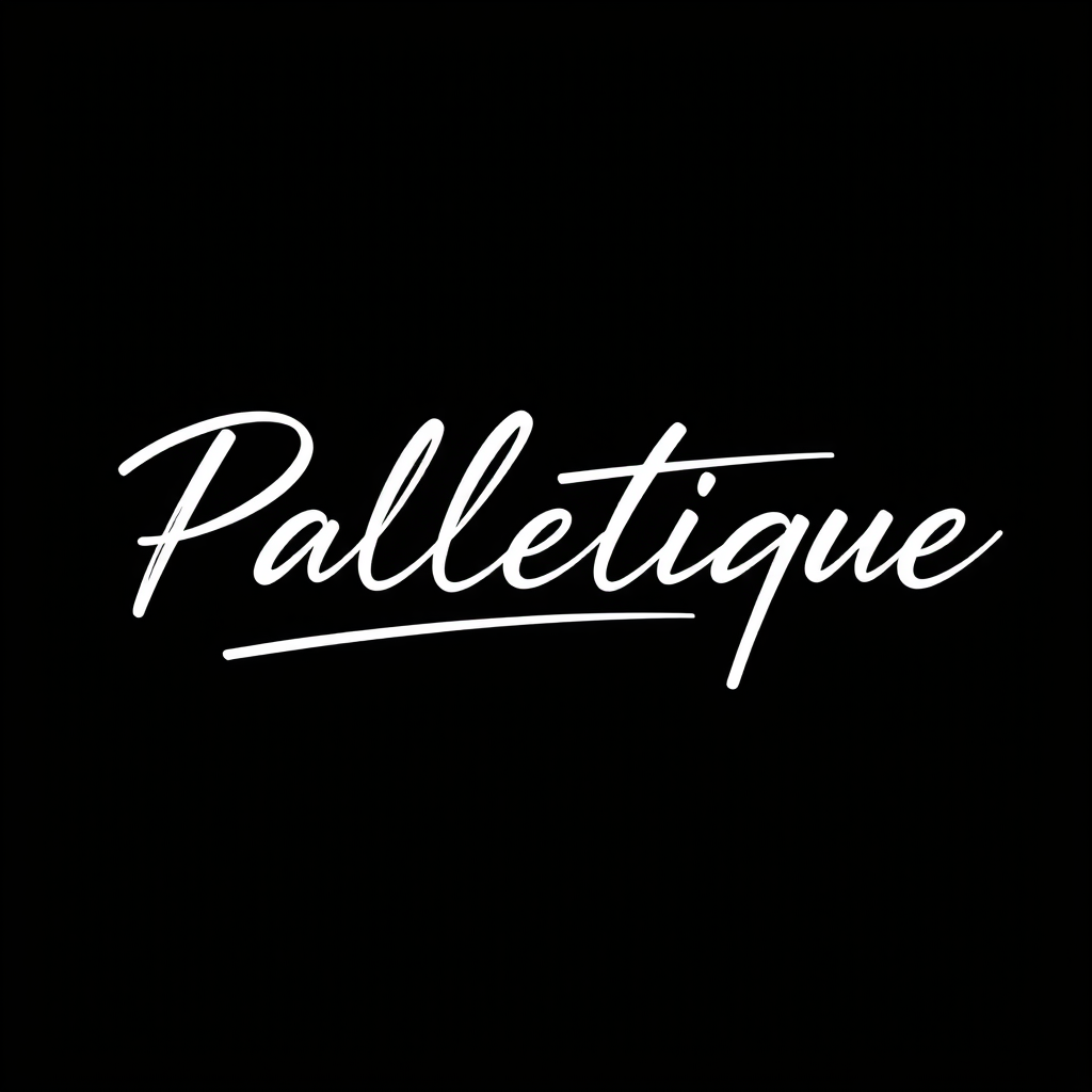 Main logo studio: Create a luxury minimalist wordmark logo for 'Palletique'. Use elegant handwritten calligraphy with tight letter ending sideways up with a streched li