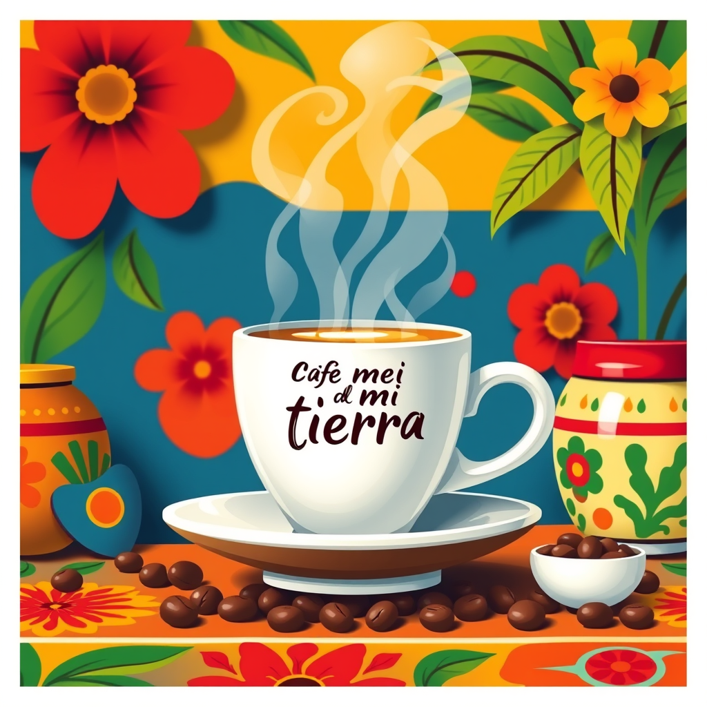 Main logo studio: Bold, colorful, coffee in the morning with a Latin culture vibe, the name of the coffee company is Cafe de mi tierra, it's a business make it look rea
