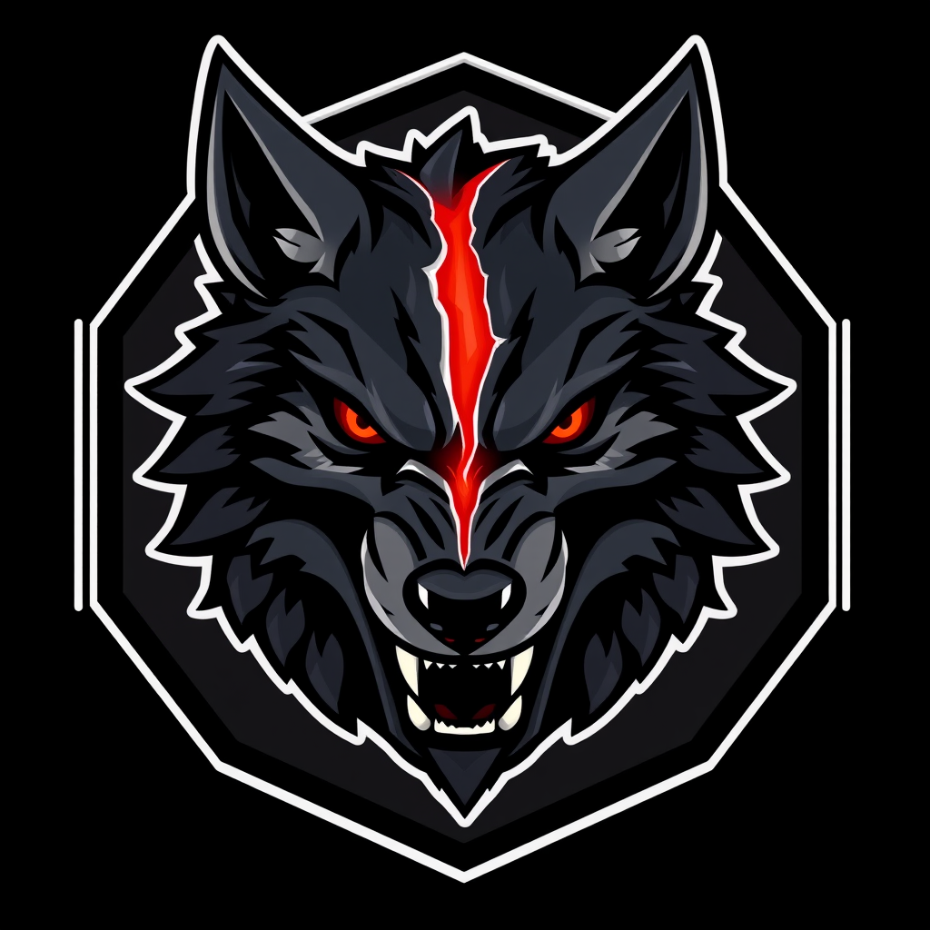 Main logo studio: Fierce esports wolf icon, front-facing symmetrical wolf head mid-roar, exposed sharp fangs, jagged angular fur spikes, intense glowing red eyes. Head 