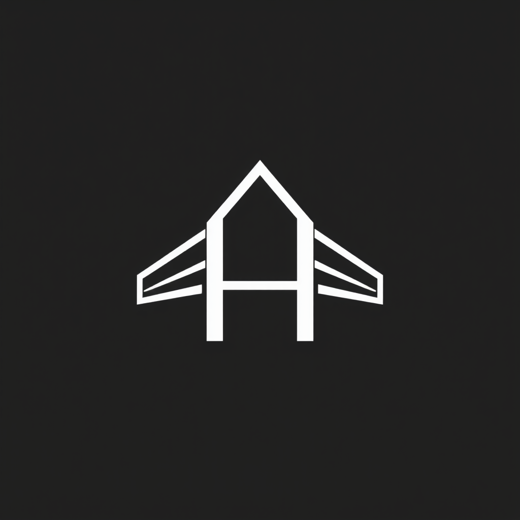 Main logo studio: Ultra minimal architecture logo, simple geometric symbol, balanced lines, symmetrical form, clean negative space, black vector, modern, elegant, timel
