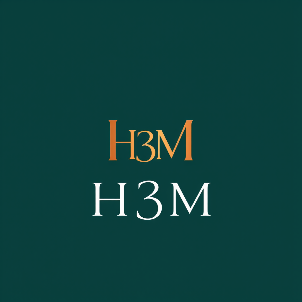 Main logo studio: الكتابة Luxury minimalist logo for H3m by Muzn, elegant feminine style, premium petrol green and copper, creative H3M monogram.
