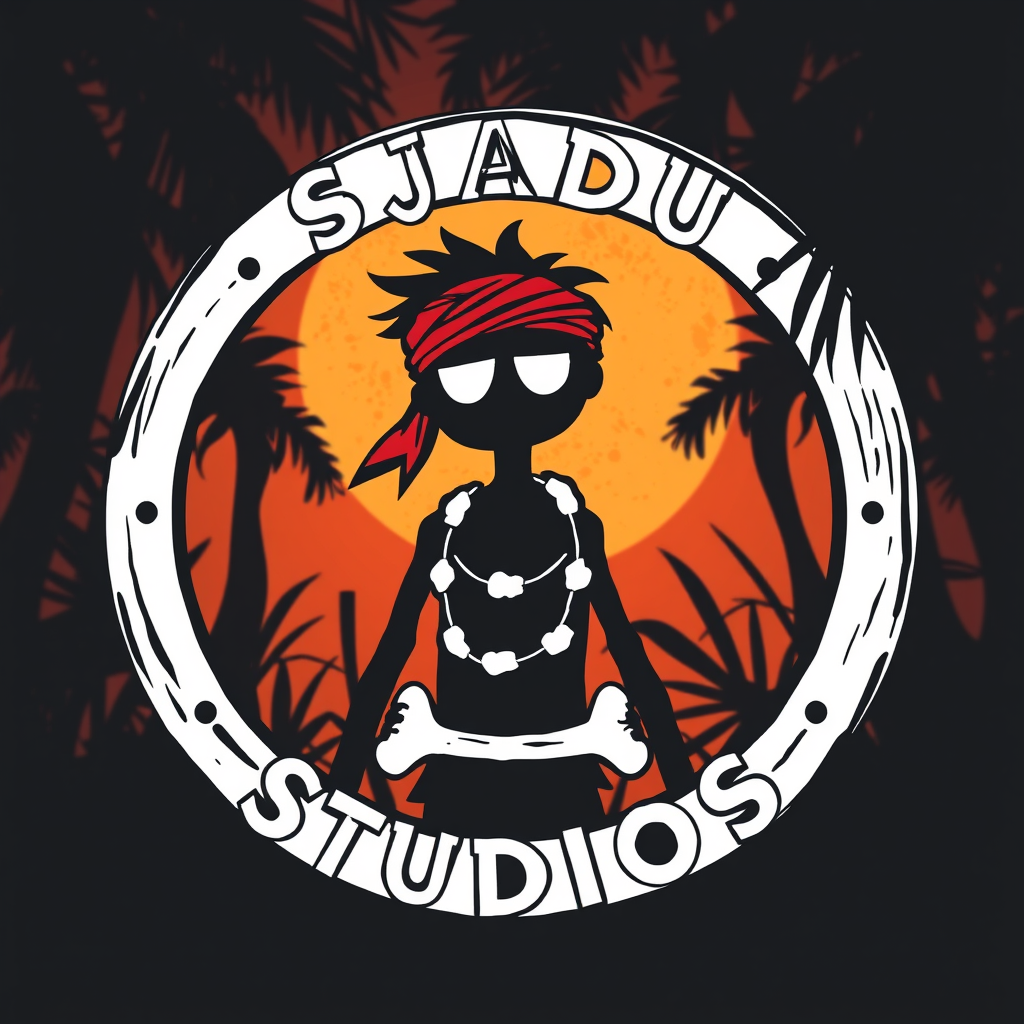 Main logo studio: A cinematic circular emblem logo for 'Sjadu Studios'. The design features the gritty silhouette of a stick figure wearing a tattered crimson-red headb