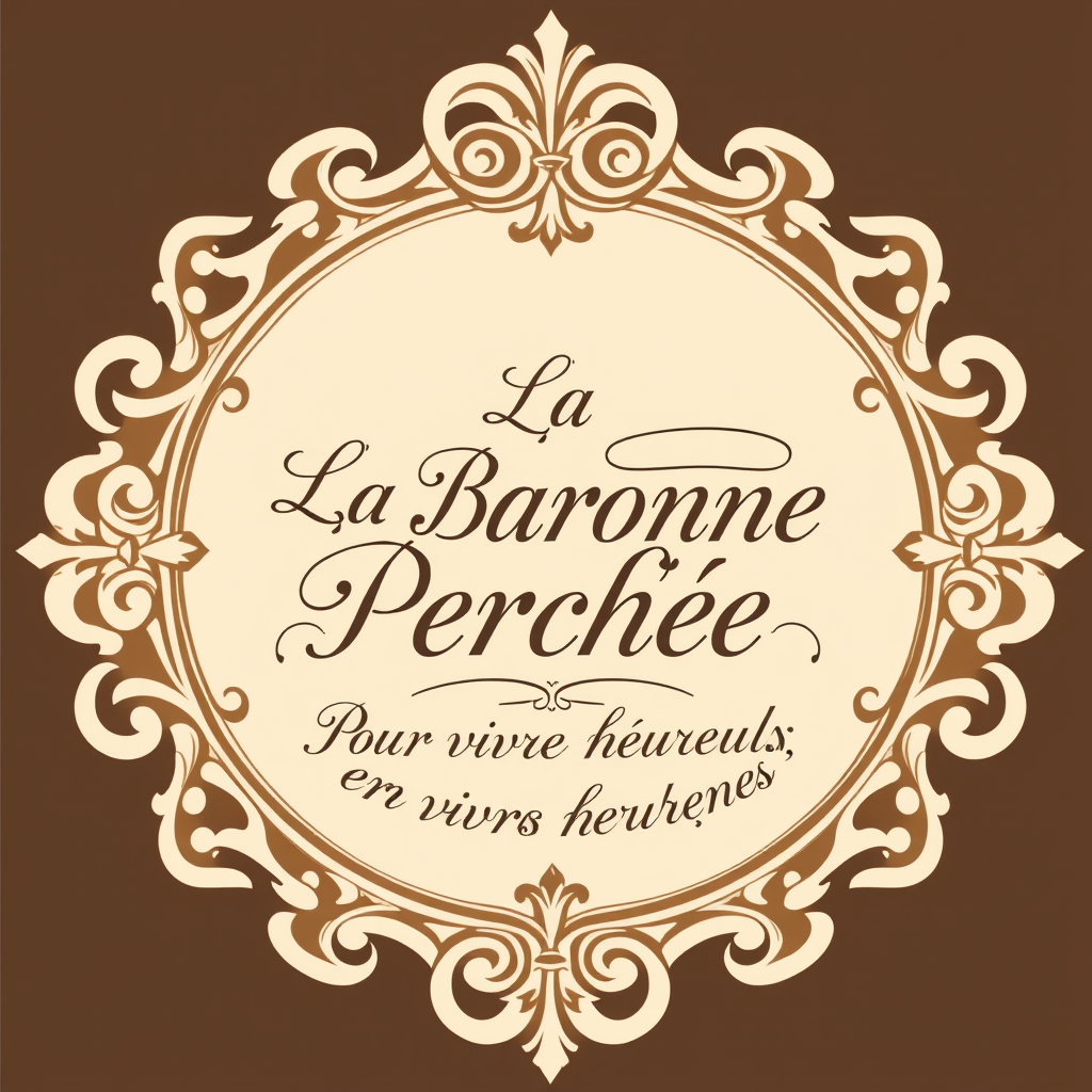 Main logo studio: Crée un logo élégant. Cadre doré rococo. Au centre du cadre : « La Baronne Perchée » en écriture manuscrite calligraphiée. Écrit en dessous du cadre «
