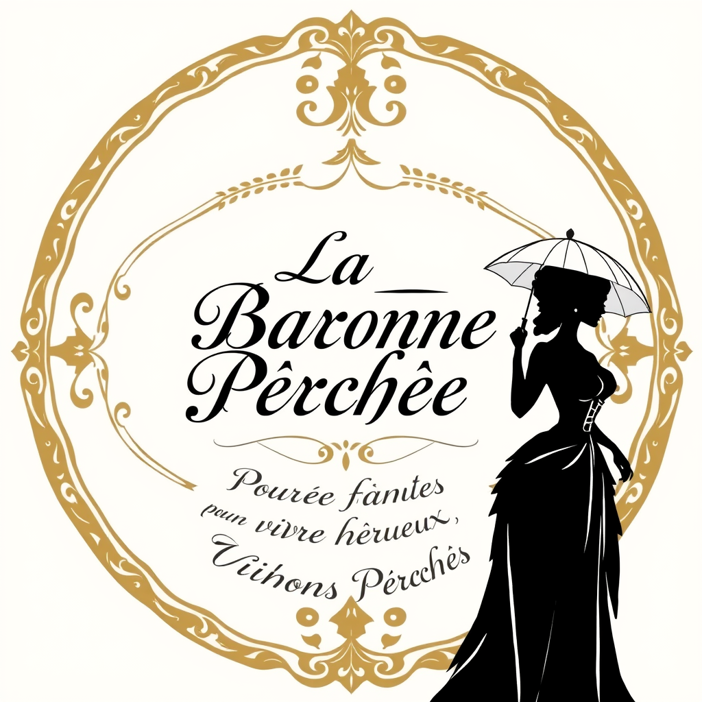 Main logo studio: Crée un logo élégant. Un cadre doré rococo ovale . Au centre : « La Baronne Perchée » en écriture manuscrite calligraphiée, lisible. En dessous, en ca