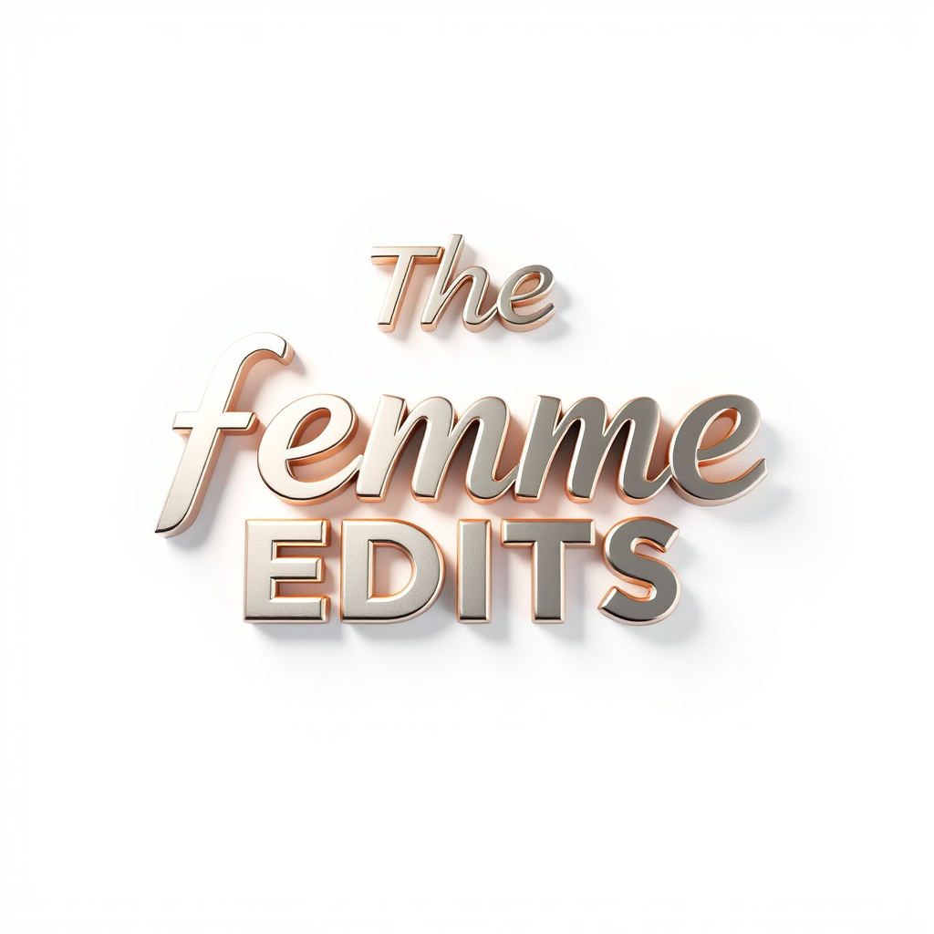 3D Logo idea: 3D logo for The femme edits , three-dimensional render, realistic depth and shadows, glossy or metallic surface, dramatic lighting, centered compositi