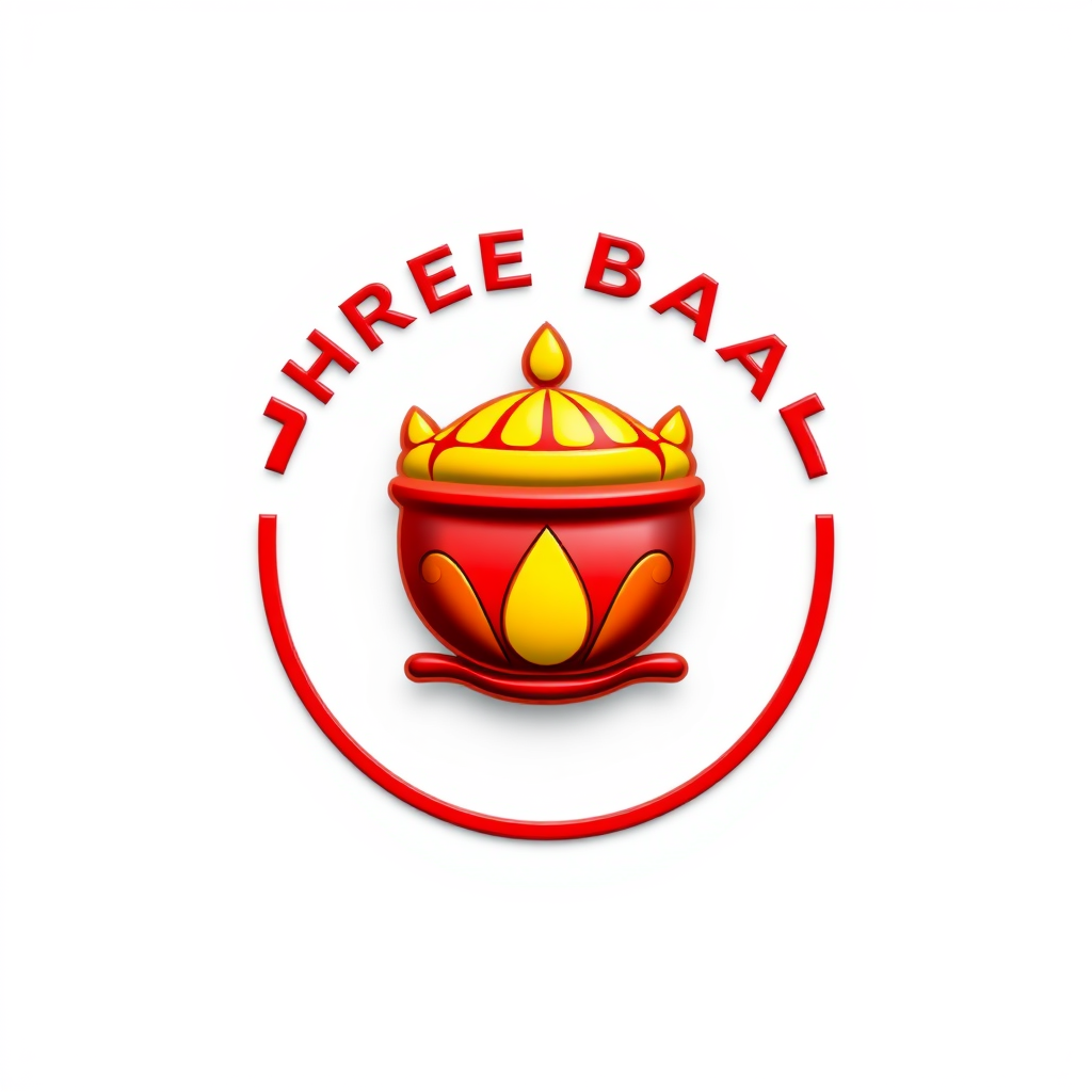 3D Logo idea: 3D logo for Shree Baal Bhog for Food and sweets shop, red & yellow. , three-dimensional render, realistic depth and shadows, glossy or metallic surfac