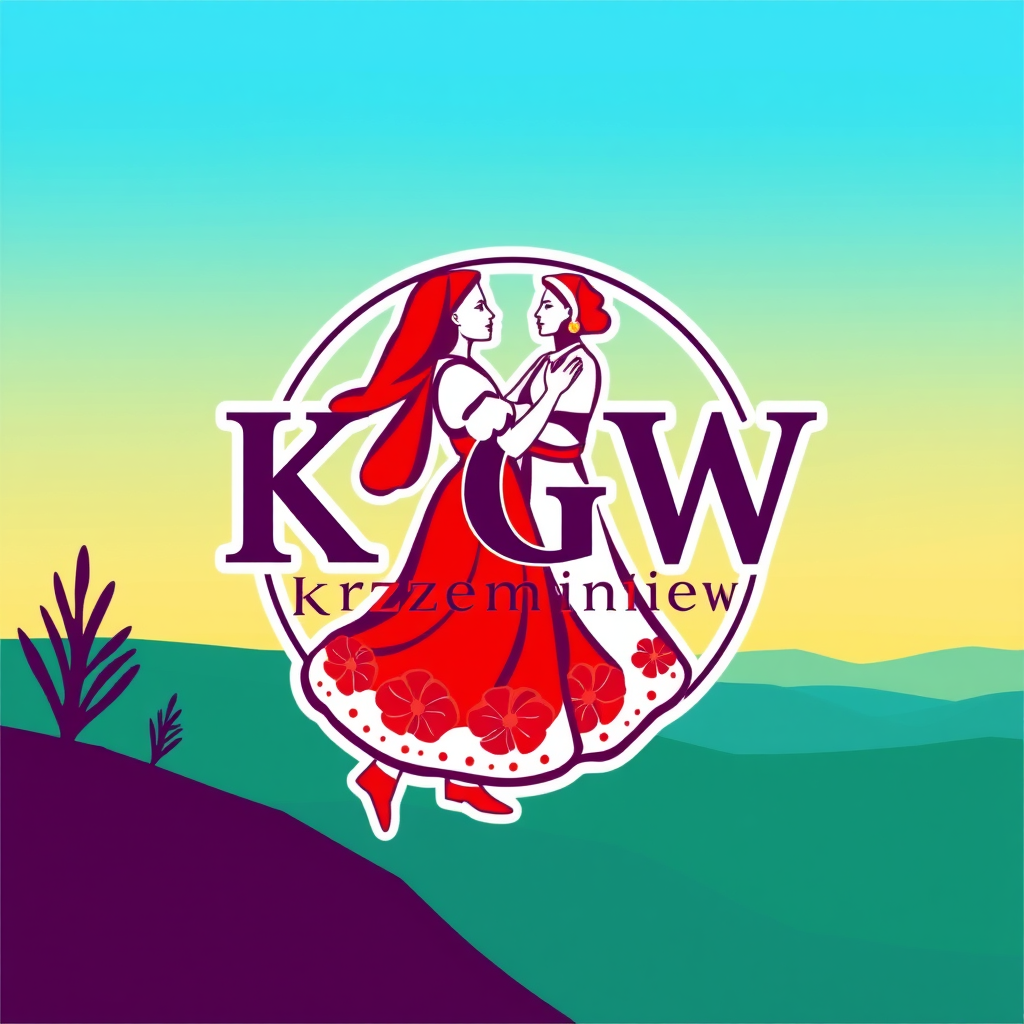 Main logo studio: Stwórz kolorowe, radosne logo dla „KGW Krzemieniew”. Polski folklor inspirowany wzorami łowickimi. Uwzględnij czerwone róże i zielone listki. Dodaj st