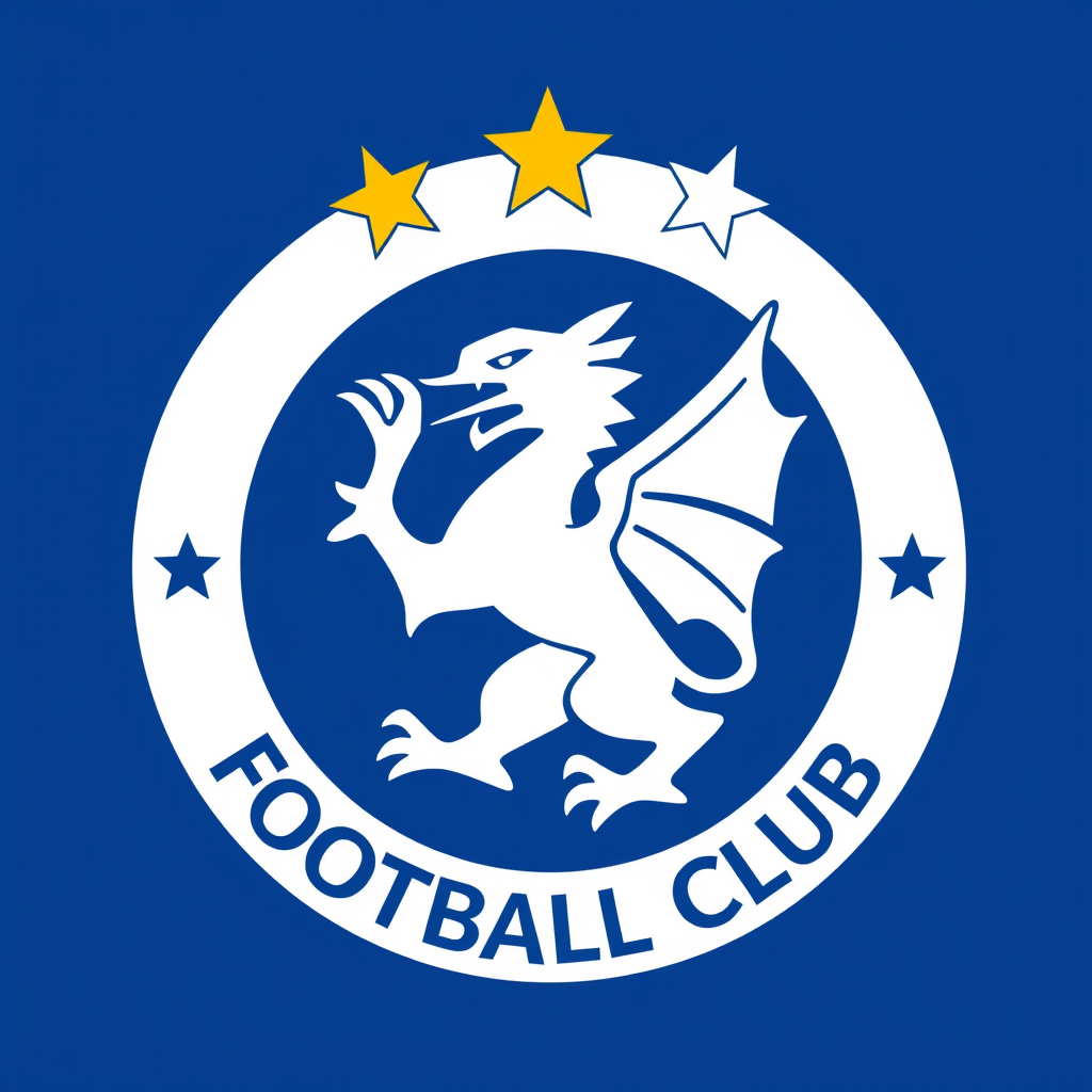 Main logo studio: Logo football club avec dragon au centre ,écusson, et en haut 5 étoiles de coupe du monde alignés en blanc et doré jaune