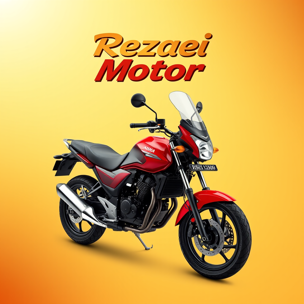 Main logo studio: The background should be gold and red. In the middle should be a 3D photo of a Honda Sibi 1300. Above the image should be written Rezaei Motor.