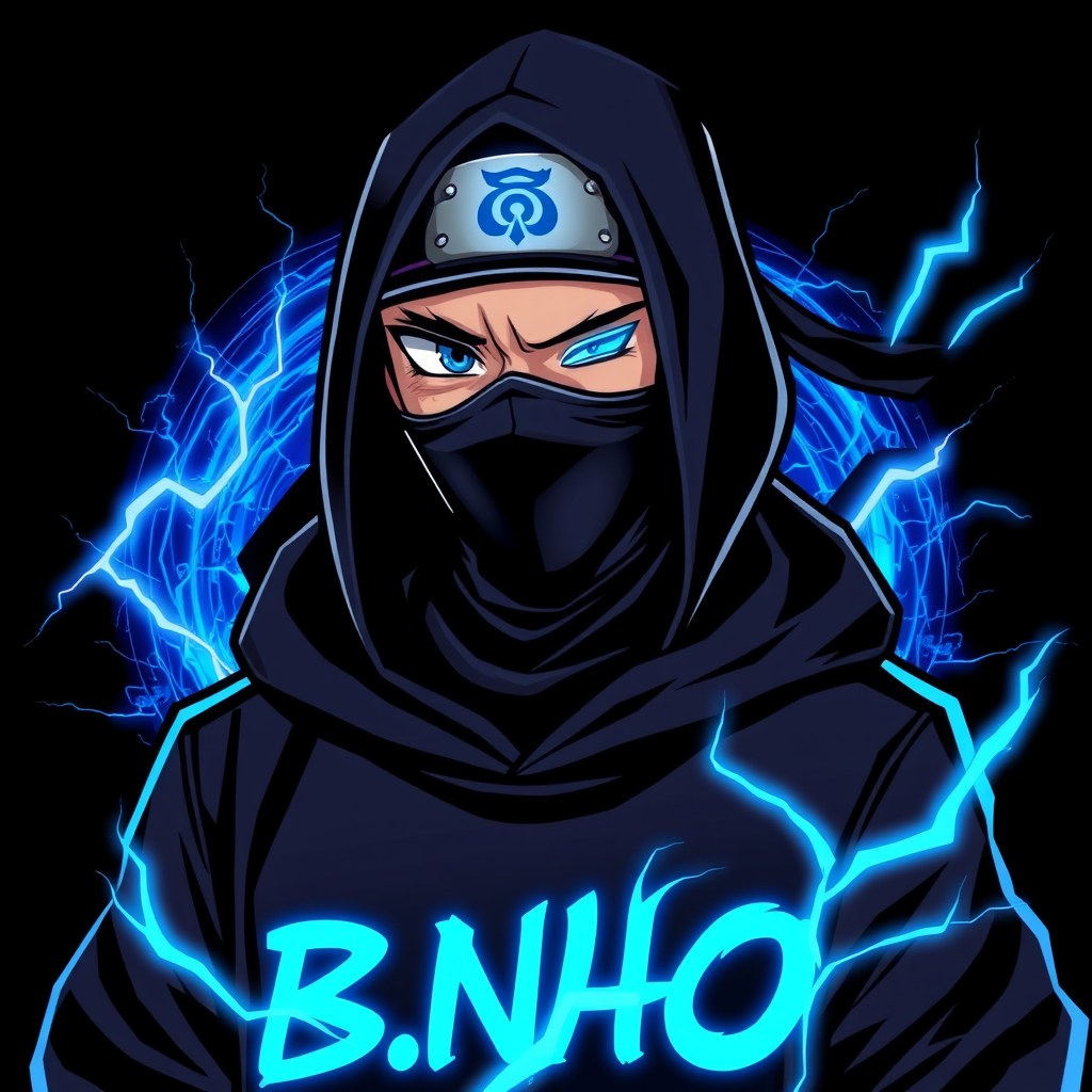 Main logo studio: Esports gaming logo of a dark anime ninja inspired by Kakashi. Wearing a matte-black hoodie with "B.N.O." glowing in electric cyan blue on chest. Wear