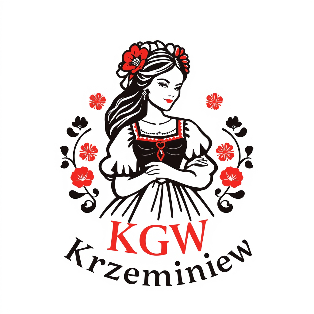 Main logo studio: Stwórz kolorowe, radosne logo na białym tle dla „KGW Krzemieniew”. Polski folklor inspirowany wzorami łowickimi. Uwzględnij czerwone róże i zielone li