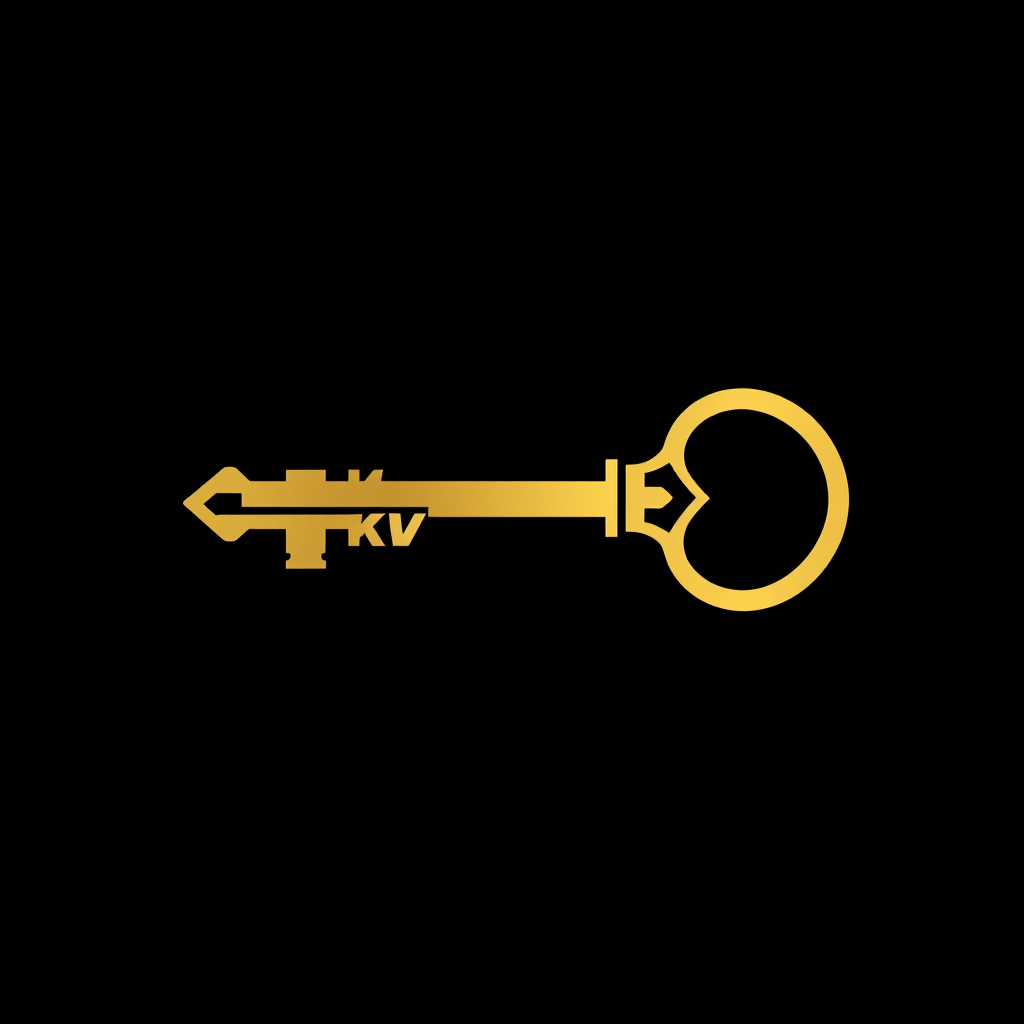 Main logo studio: Create a minimalist luxury vector logo of a single elegant skeleton key using thin gold line art on a matte black background. Hide the capital letters
