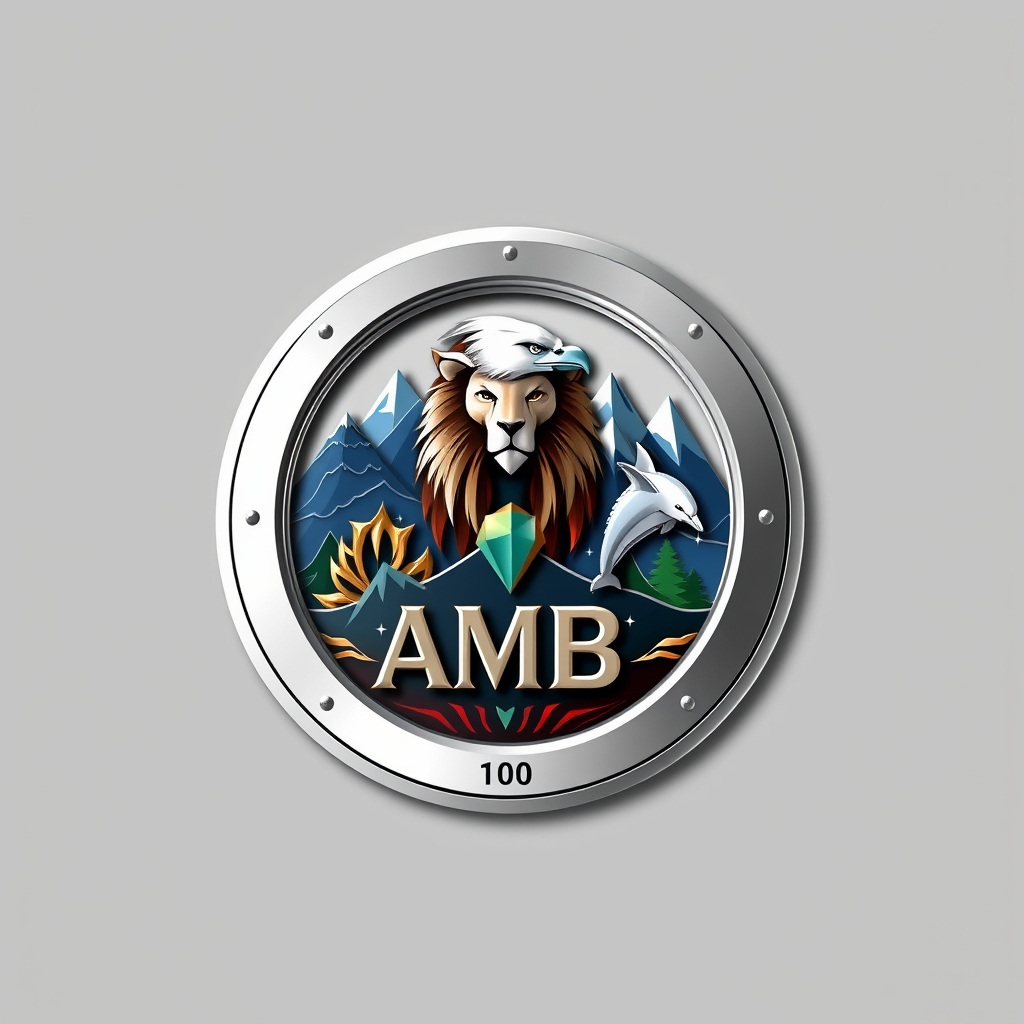 Main logo studio: Add these elements to the previous logo design. Keep the same luxury futuristic style. Write exactly "Amir Mohamad Bromand". Also add "AMB", number "1