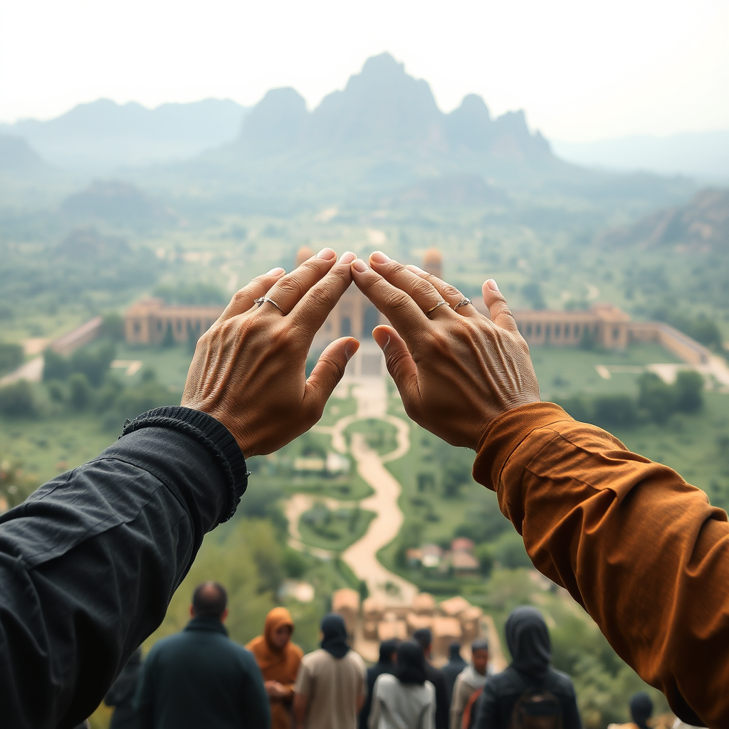 Main logo studio: Show when peoples hold handsloking down on / nature and civilation come together. writen east 2026 make it look realistic and write the name disguised