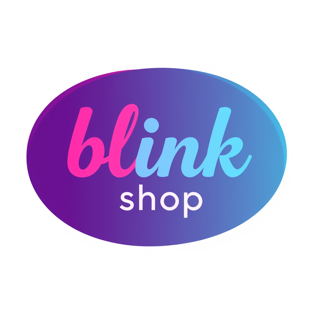 Main logo studio: mi logo tiene que decir blink shop, y tiene que tener colores pasteles de celeste rosa y morado y la forma tiene que ser un obalo