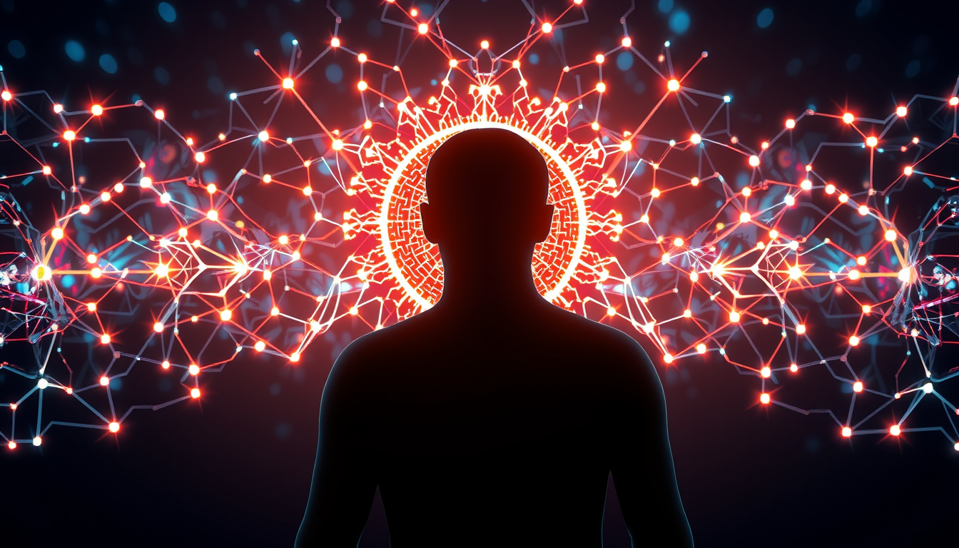 Main logo studio: Artificial intelligence concept with glowing neural network surrounding a human silhouette, futuristic technology background, realistic 3D render, pre