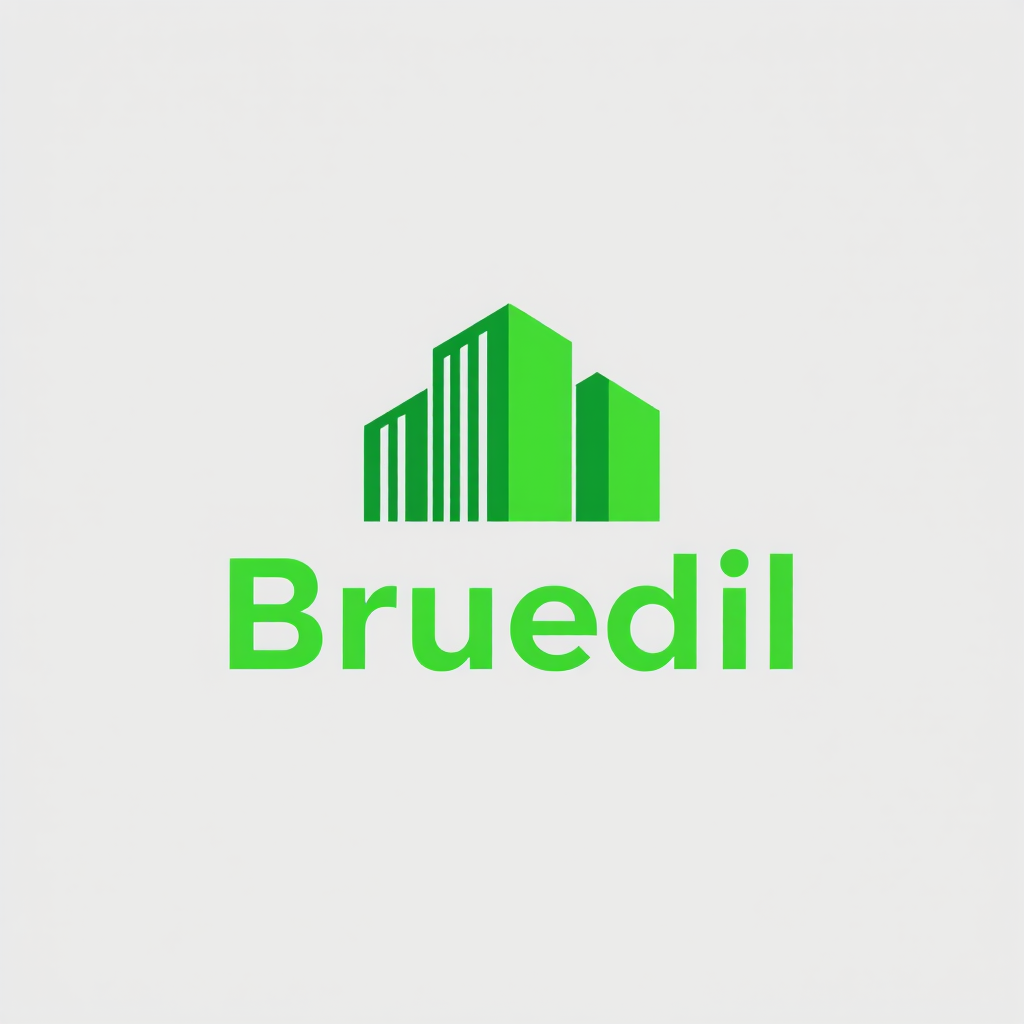 Main logo studio: Create a professional logo for a construction company called "Bruedil". Green lettering, modern and elegant design, strong and reliable identity. Incl