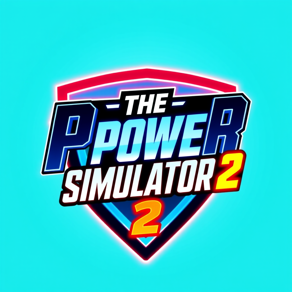 Main logo studio: Gaming logo for "THE Power Simulator 2", bold futuristic typography, bright cyan and turquoise background, energetic glowing power effect, clean profe