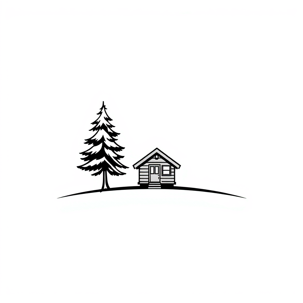 Cartoon Logo idea: cartoon style logo for } Minimal distant cabin with a tiny pine tree, reduced to only essential lines on one straight ground line. Small composition, 