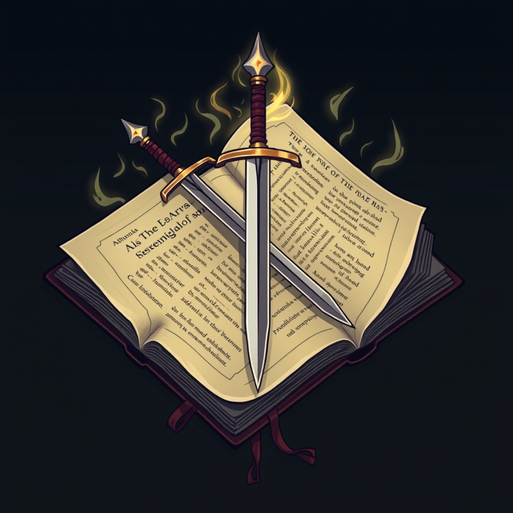 Main logo studio: An open book, lying down. Think of it like a "tome." A thick tome (so many pages.) Medieval aesthetics. Heraldics. I want 1 sword and 1 staff crossed