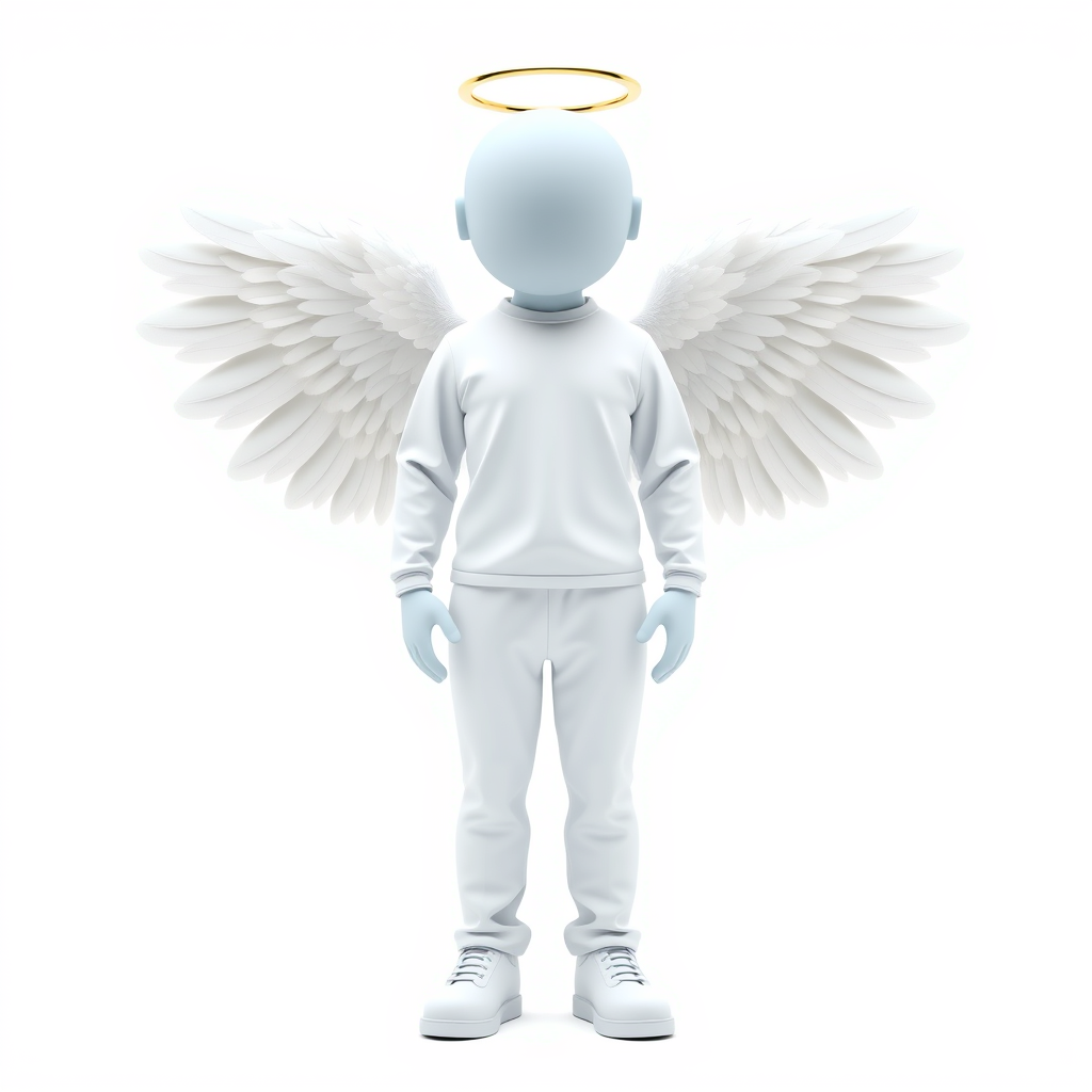 Main logo studio: Not to Realictic and its for a personal Clothes Brand Full body angel mascot, standing perfectly straight and facing forward, entire body visible, com