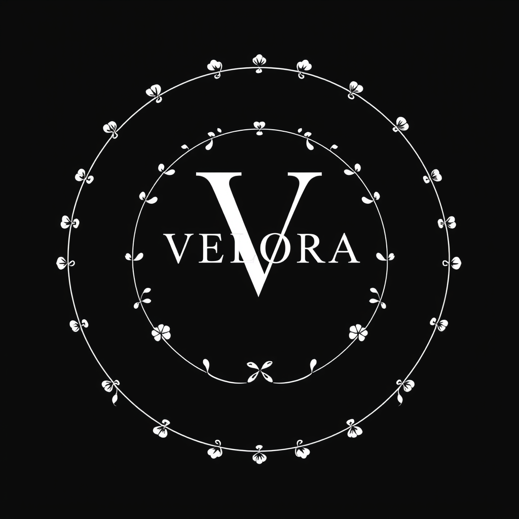 Main logo studio: un grand cercle fin ; un cercle intérieur plus délicat ; de petites fleurs très fines entre les deux cercles, comme une couronne ; VELORA V au centre,
