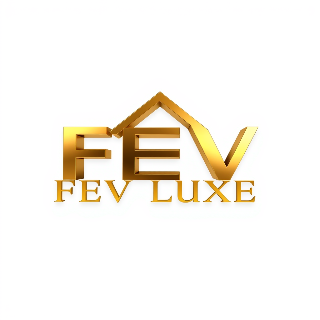 3D Logo idea: 3D logo for FEV Luxe Realty, a real estate firm, golden 3D house icon with reflections, warm gold , three-dimensional render, realistic depth and shad