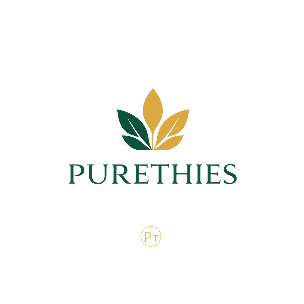 Main logo studio: Create a premium luxury logo for PURETHIES, a natural food brand. Elegant minimalist combination mark with a unique abstract nature symbol, subtle lea