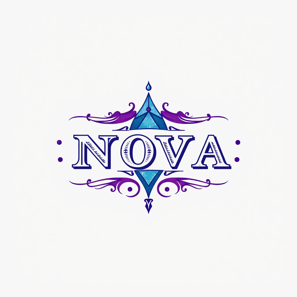 Vintage Logo idea: vintage retro logo for abstract geometric icon logo for an AI tech startup named Nova, blue and violet , classic retro design, aged typography, hand-d